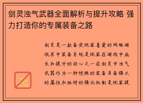 剑灵浊气武器全面解析与提升攻略 强力打造你的专属装备之路